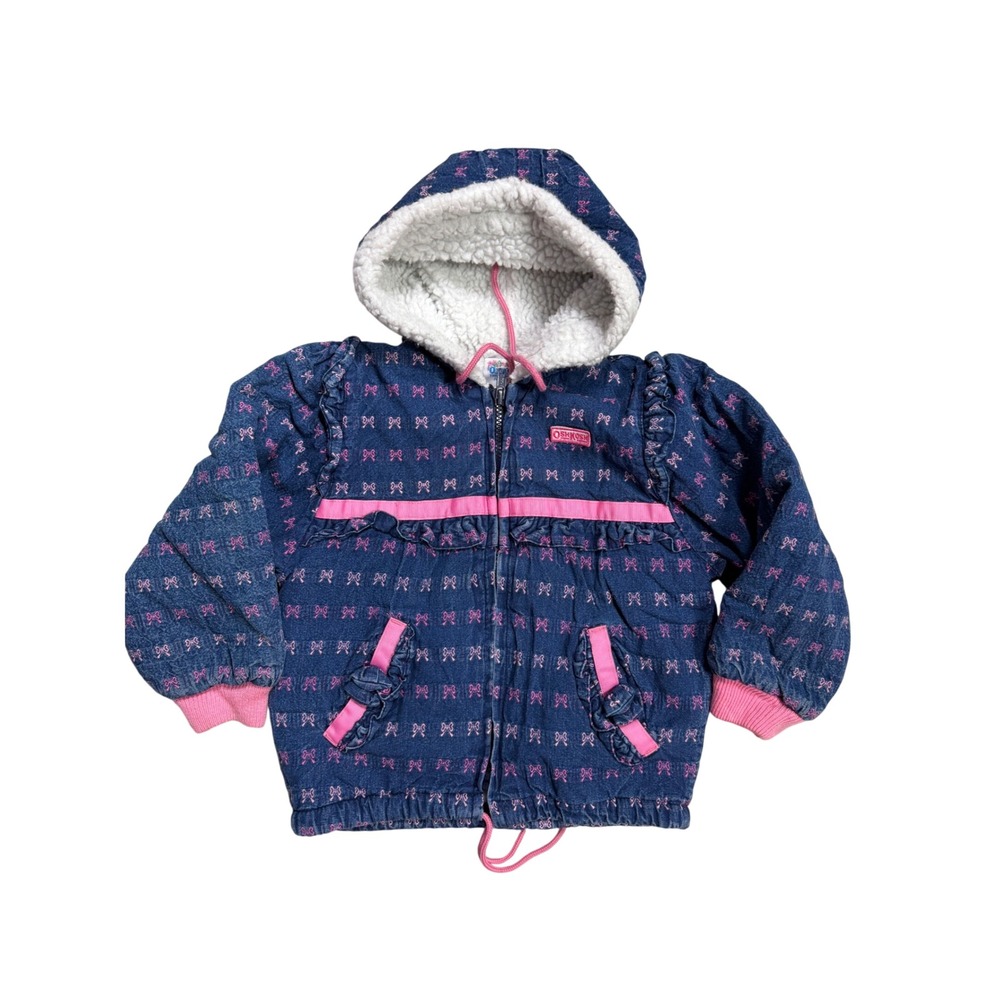Vintage OshKosh Sherpa Lined Denim Jacket Girls 4T Pink‎ Bow Print Hooded Coat